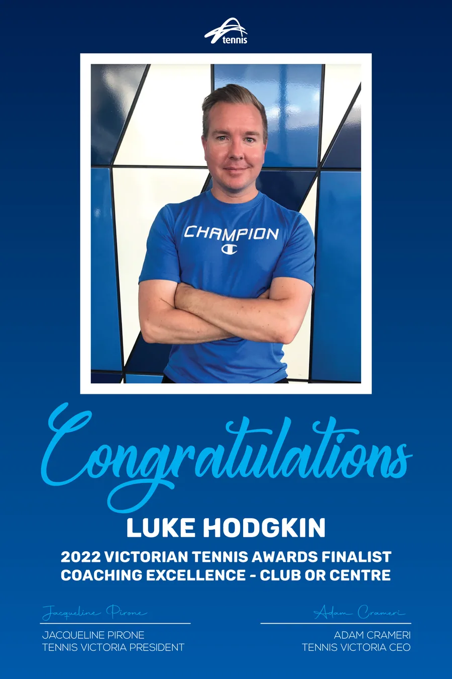 2022 Victorian Tennis Awards poster: Luke Hodgkin, Coaching Excellence Award finalist